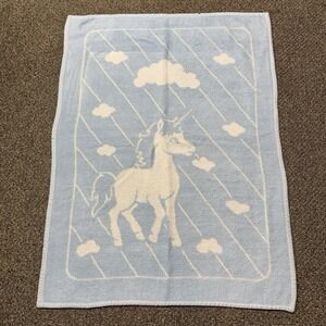 San Marcos Cobertor Baby Blanket Blue White Unicorn 41x30 Reversible vintage
